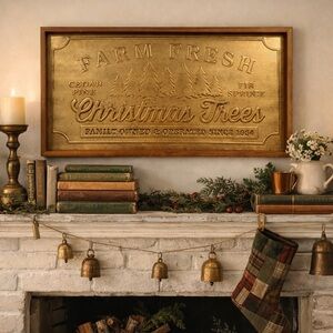 Vintage-Inspired Gold Embossed “Farm Fresh Christmas Trees” Wall Sign Framed NWT